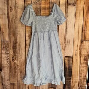 J. Crew Dress Striped Puff Sleeved Midi Blue White Summer Smocked NWT Large